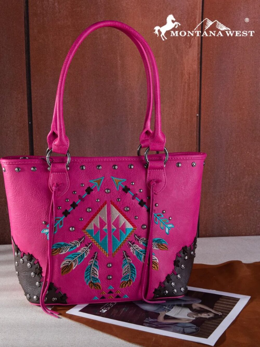 Montana West Embroidered Arrow Feather Collection Concealed Carry Tote Hot Pink